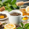 Healthy herbal tea setup with loose leaves honey and lemon