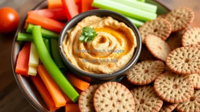 Healthy homemade hummus with vegetable sticks and whole grain crackers