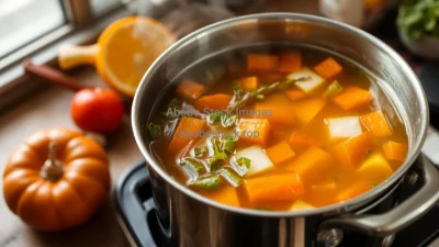 Healthy homemade vegetable broth simmering in a large pot