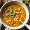 Healthy lentil soup in a bowl with bread and fresh herbs