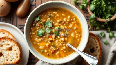 Healthy lentil soup in a bowl with bread and fresh herbs
