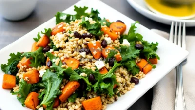 Healthy mixed grain salad with farro kale and roasted carrots