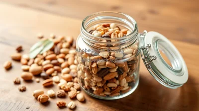 Healthy nut and seed mix in a glass jar on a wooden table