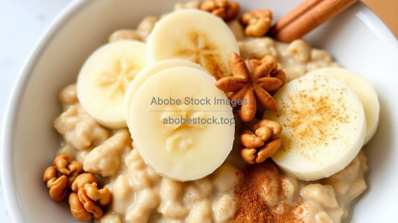 Healthy oatmeal topped with sliced banana walnuts and cinnamon