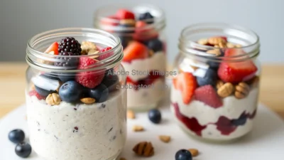 Healthy overnight oats in glass jars with fruit and nuts on top