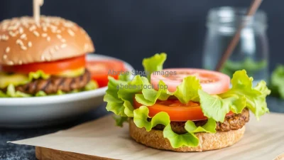Healthy plant based burger with whole grain bun lettuce and tomato