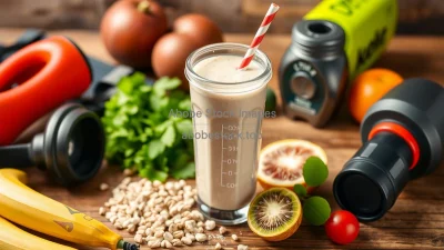 Healthy protein smoothie in a shaker surrounded by fitness gear