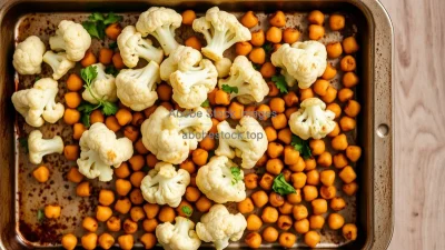 Healthy roasted cauliflower and chickpeas on a baking tray