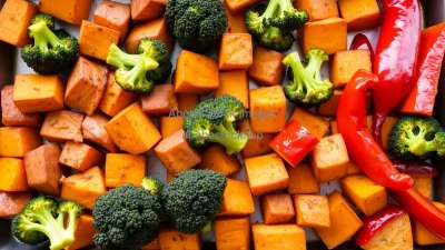 Healthy roasted vegetable tray with sweet potatoes broccoli and peppers