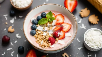 Healthy smoothie bowl decorated with fruit granola and coconut flakes