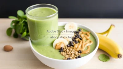 Healthy smoothie bowl with spinach banana and peanut butter