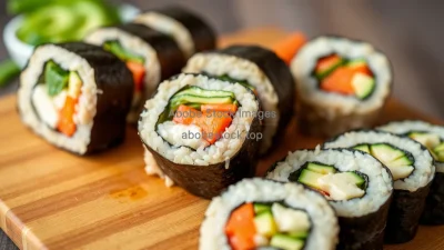 Healthy sushi rolls with vegetables and brown rice on a wooden board