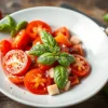 Healthy tomato and basil salad with olive oil and sea salt