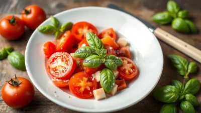 Healthy tomato and basil salad with olive oil and sea salt