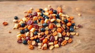 Healthy trail mix scattered on a wooden surface with dried berries