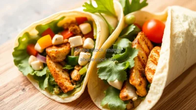 Healthy wrap filled with hummus vegetables and grilled chicken on a cutting board