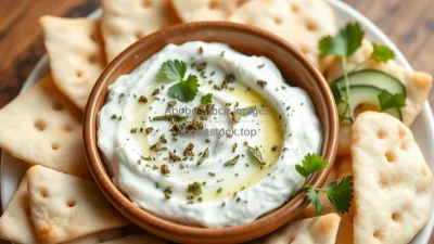 Healthy yogurt dip with cucumber and herbs served with pita