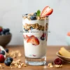Healthy yogurt parfait with granola and fruit in a tall glass