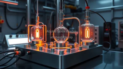 Helium cooled quantum experiment setup with cables sensors metallic surfaces realistic lab lighting
