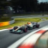 High speed Formula 1 car on a racetrack corner motion blur dramatic perspective
