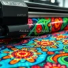 High tech textile printing machine producing vivid patterns on fabric glossy inks hyper detailed