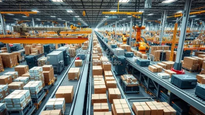 High volume logistics and sorting center with packages moving on automated belts overhead robots busy atmosphere