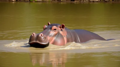 Hippopotamus emerging from a muddy river