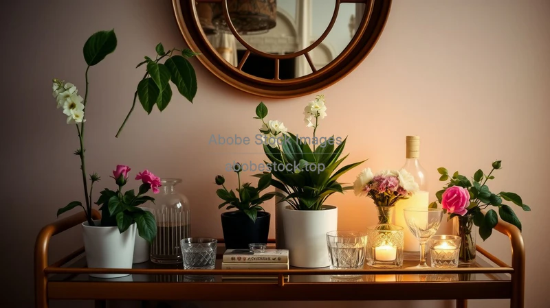 Home bar cart decorated with plants and flowers