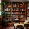 Home library with plants on every shelf among the books