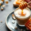 Honey latte with honey dipper and honeycomb on side