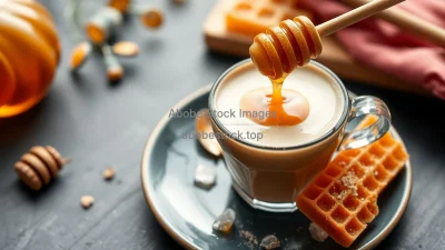 Honey latte with honey dipper and honeycomb on side