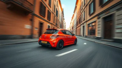 Hot hatchback racing through narrow European backstreets motion and blur