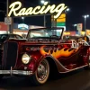 Hot rod car at a nighttime street racing meet neon signs in background