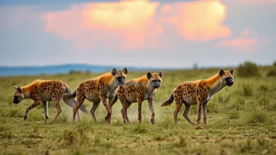 Hyena pack roaming through the savannah