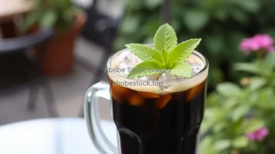 Iced black coffee with mint garnish