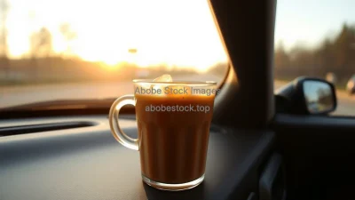 Iced caramel coffee in clear cup on car dashboard