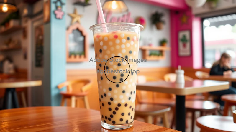 Iced coffee with boba pearls in tall plastic cup