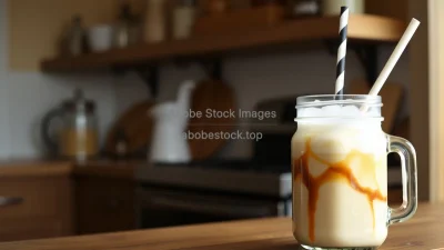 Iced vanilla latte in mason jar with paper straw