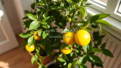 Indoor citrus tree with small lemons growing