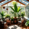 Indoor conservatory with wicker chairs and tropical plants