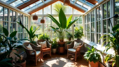 Indoor conservatory with wicker chairs and tropical plants