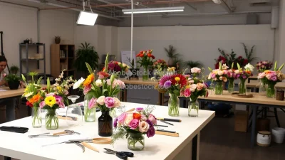 Indoor flower arrangement class setup with tools