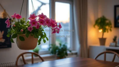 Indoor hanging planter with blooming flowers above a dining table