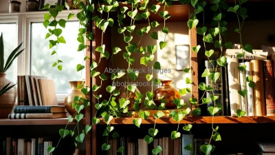 Indoor ivy trailing from bookshelf