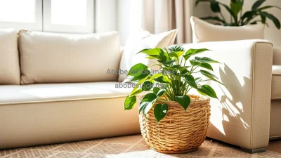 Indoor plant in woven basket next to sofa