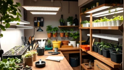 Indoor plant workshop with shelves of seedlings