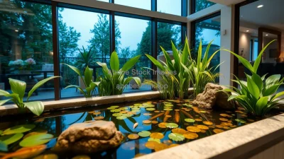 Indoor pond feature with aquatic plants in a contemporary home
