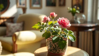 Indoor rose plant in decorative pot on a small table
