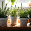 Indoor rosemary and thyme plants in pots on a wooden tray