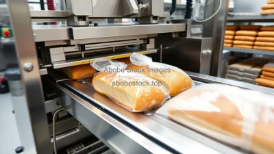 Industrial bakery packaging line with automated slicing and wrapping of bread rapid movement sharp image